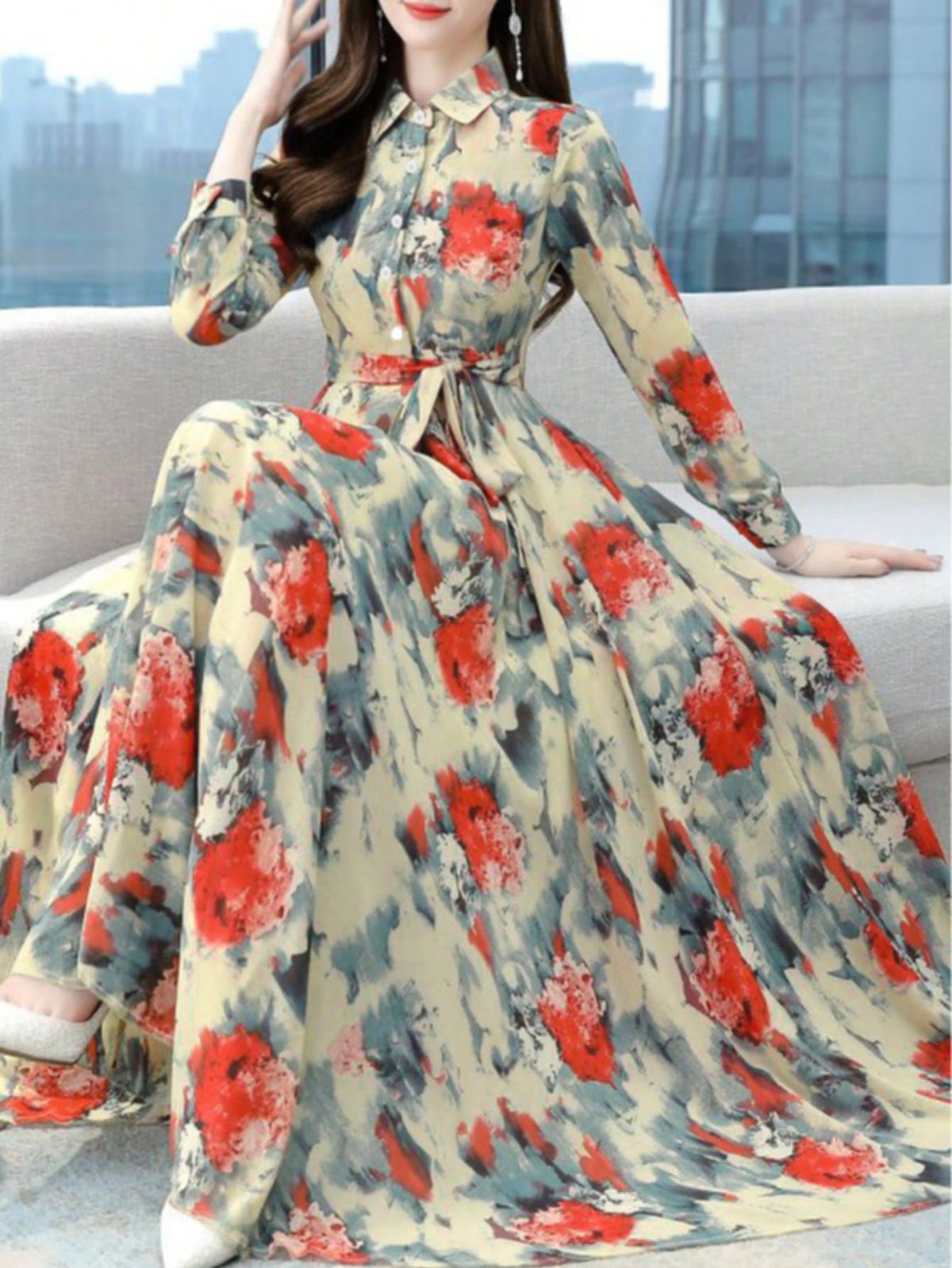 traditional dresses_Women's Printed Shirt Dress - Long Sleeves, Waistband, Extra Long, Suitable For Elegant Bohemian And Formal Occasions