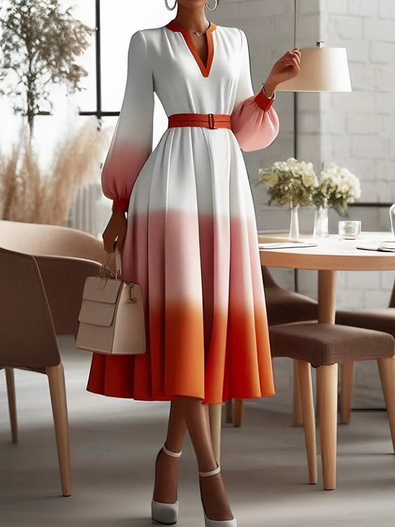 elegant dresses_StyleWe Women Elegant Midi Ombre Dress High Waist X-Line Notched Regular Sleeve Spring/Fall For Formal Occasions