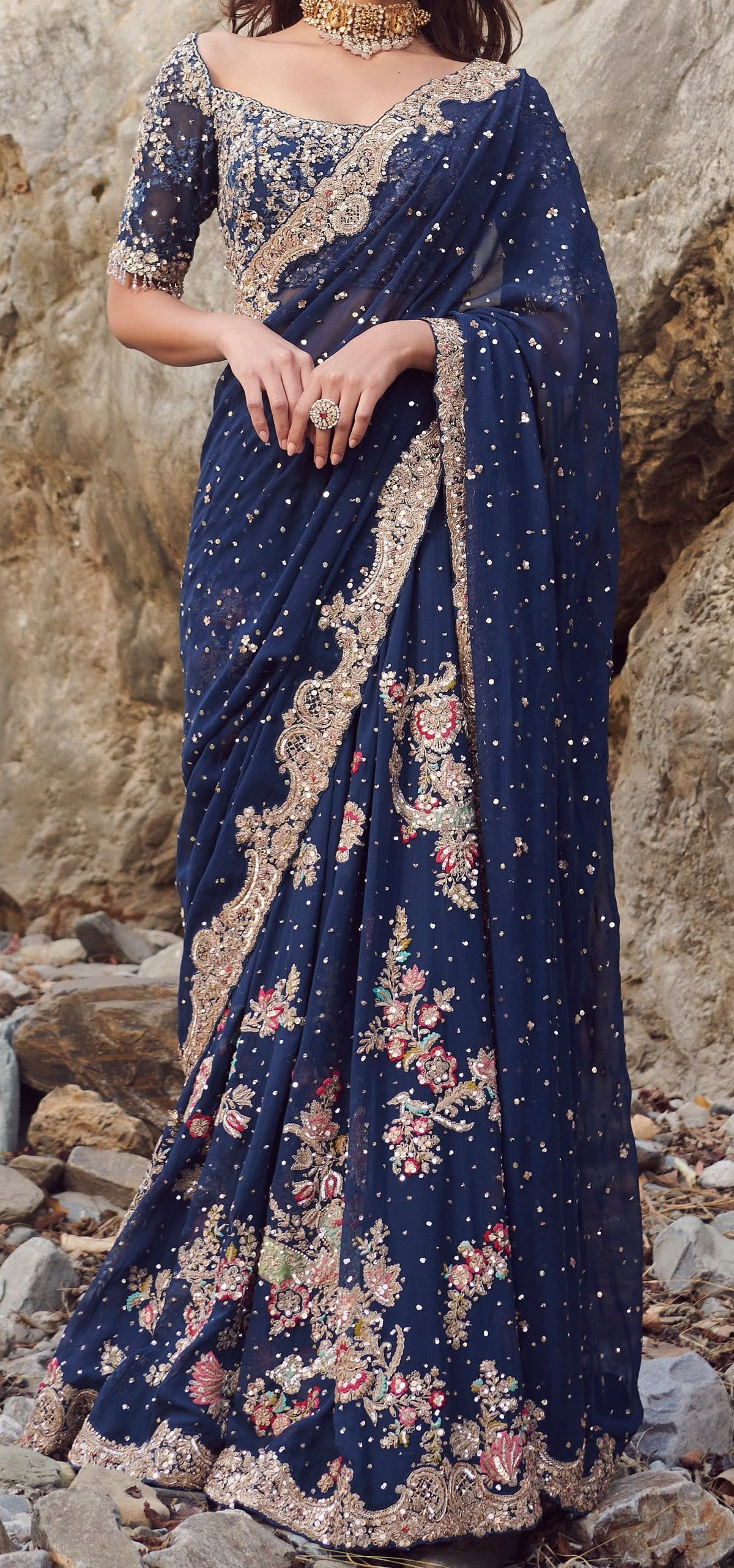 traditional dresses_Pink Tulip Pakistani Indian Designer Wear Mayla Navy Saree - PR 1015