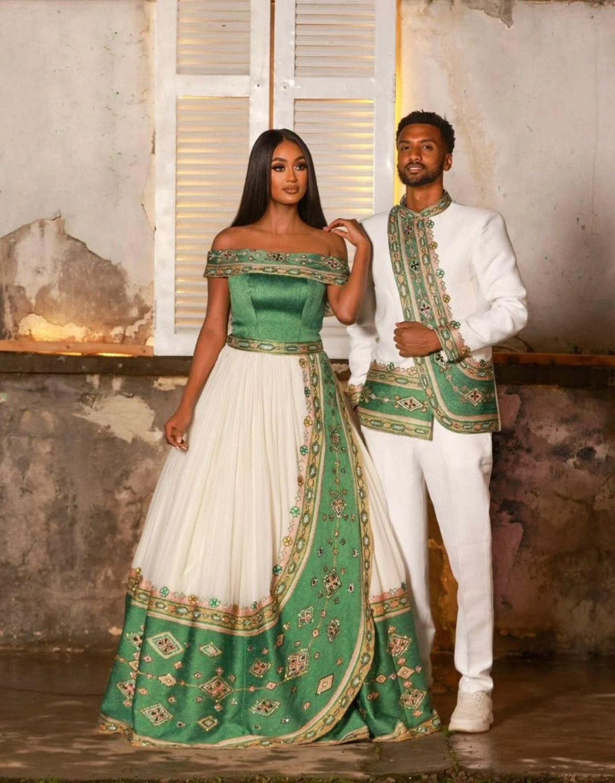 traditional dresses_Ethiopian & Eritrean Couple Outfit Set | Habesha Kemis and Men's Traditional Wear