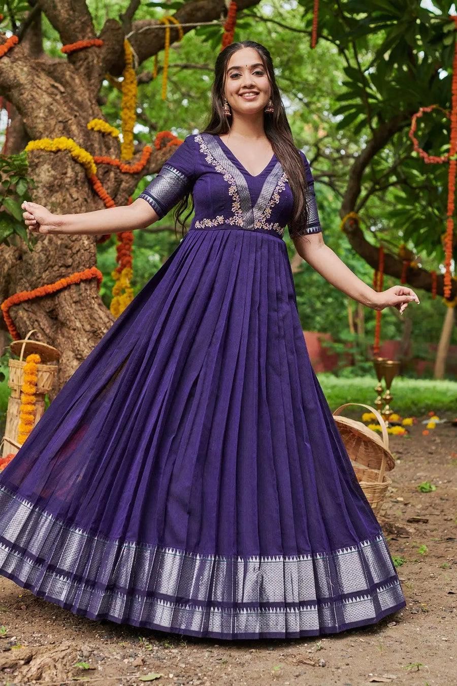 traditional dresses_Purple handloom silk designer gown for women purple Party Wear Indian Wedding Reception Wear bridal dress Indian Anarkali  readymade dress
