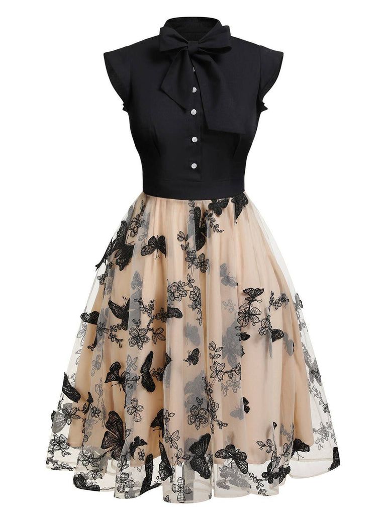 traditional dresses_Black 1950s Butterfly Patchwork Vintage Dress