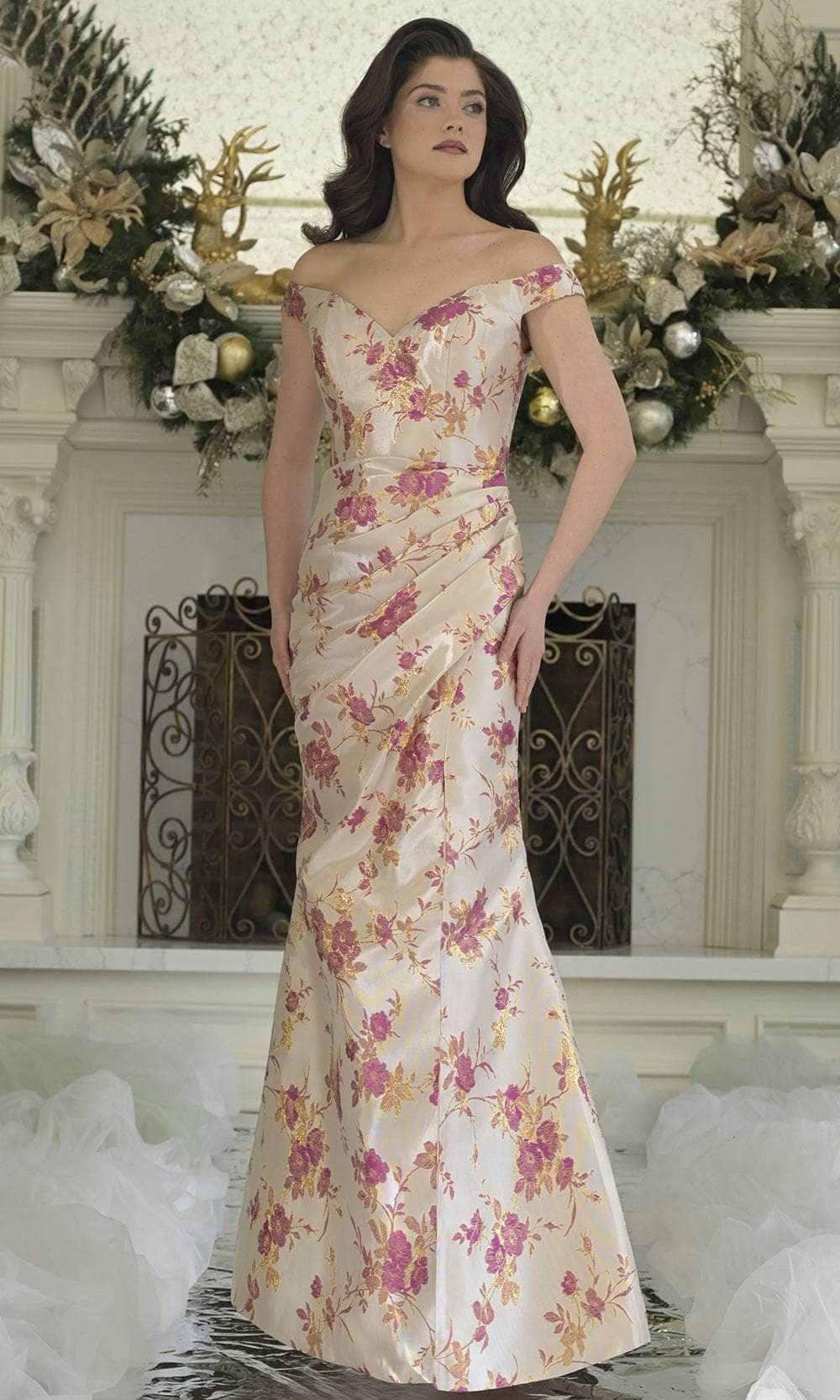 elegant dresses_Rina Di Montella RD3350 - Floral Off Shoulder Sheath Gown - 12 / Pink Multi