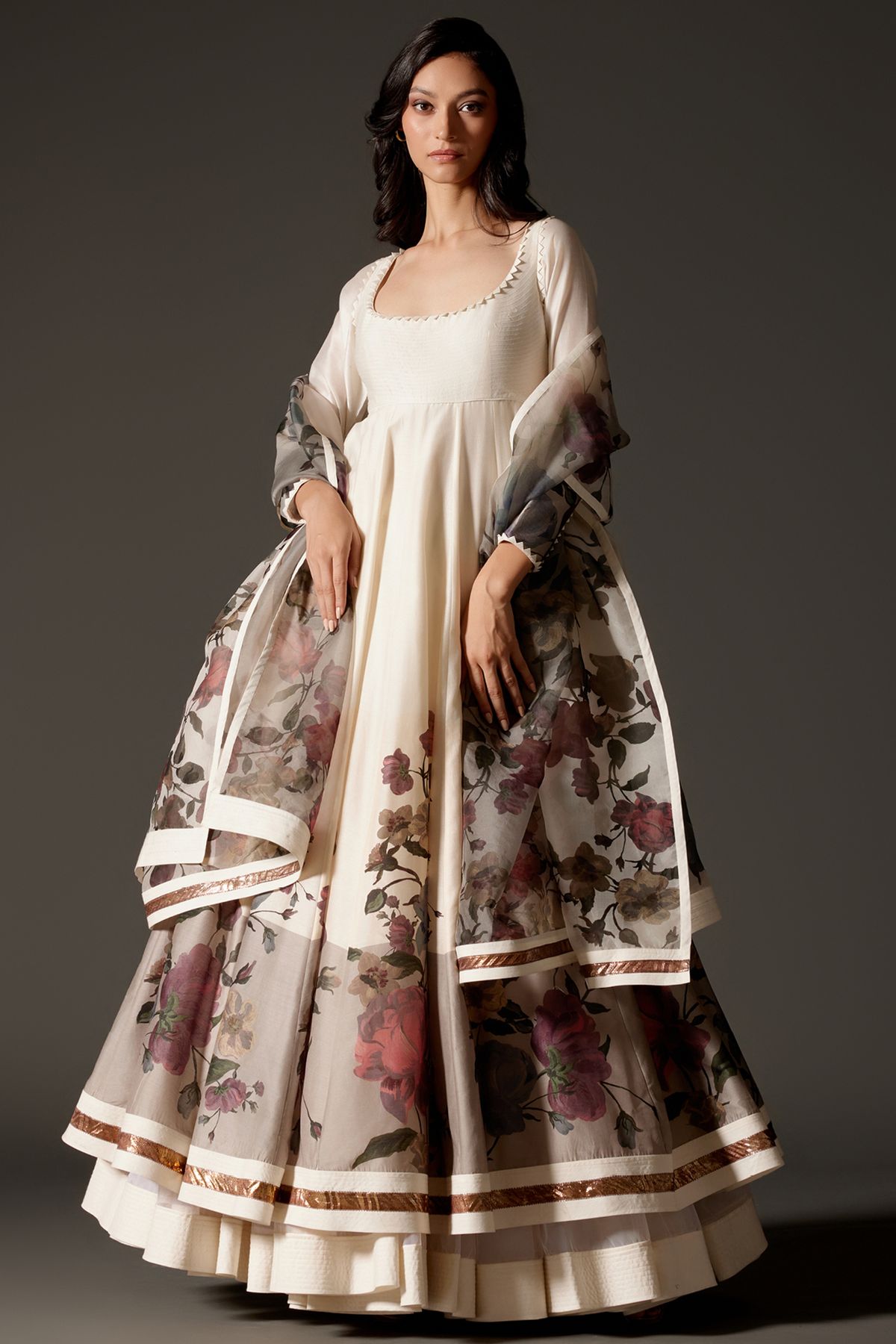 traditional dresses_Ivory Chanderi Silk Digital Printed & Dori Embroidered Anarkali Set by Rohit Bal at Pernia's Pop Up Shop 2025