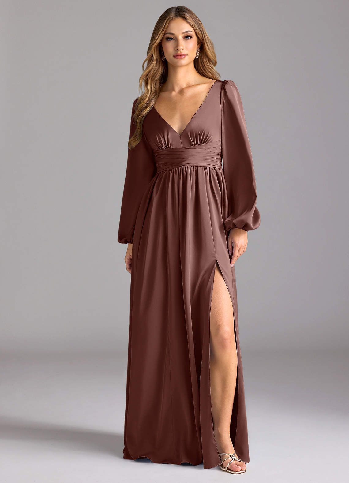 long sleeve dresses_Azazie  A-Line V-Neck Floor-Length Stretch Satin Bridesmaid Dresses - Espresso