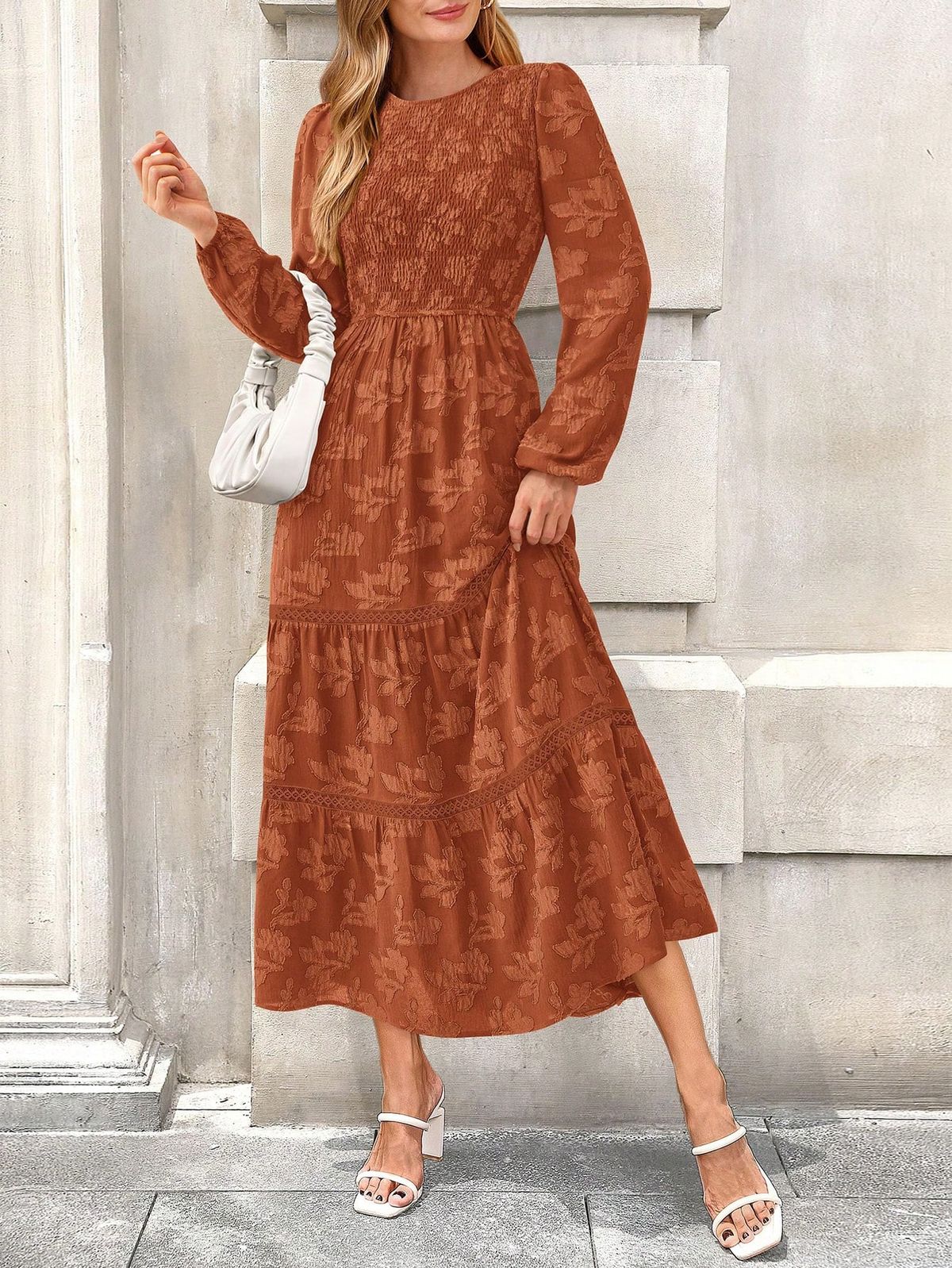 long sleeve dresses_Christmas Ladies Spring MIDI Elegant Floral Long Sleeve Ruffled Bohemian Style Wedding New Year's Party Long Flowing Dress