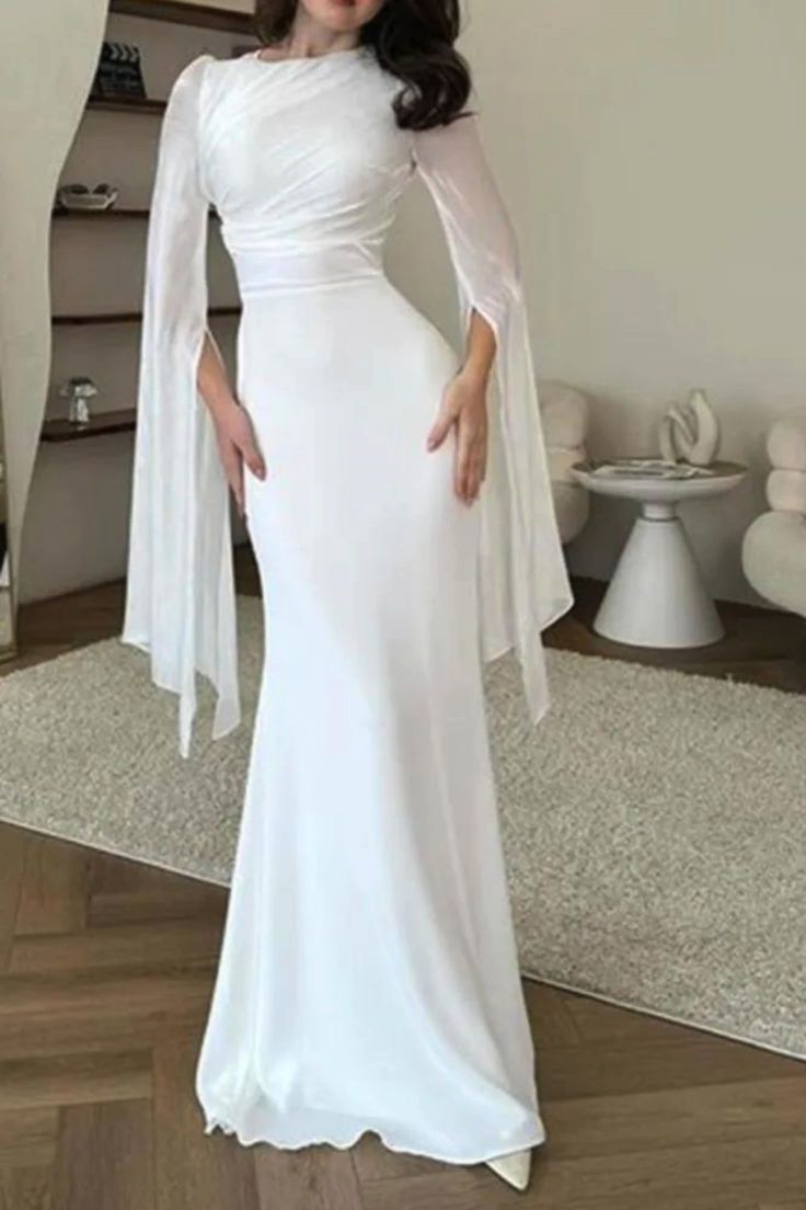 long sleeve dresses_Solid Color Fashion Round Neck Long Sleeve Party Sexy High Waist Maxi Dress