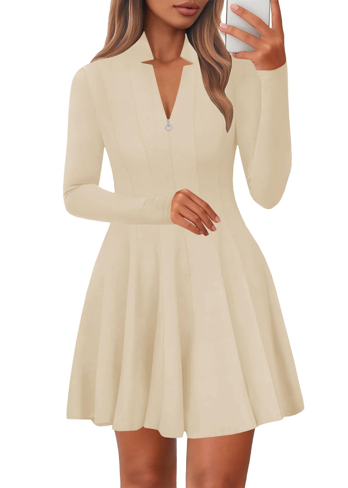 long sleeve dresses_Lazysmile Fall Dresses for Women 2025 Long Sleeve V Neck Half Zip A Line Swing Casual Party Club Mini Short Dress