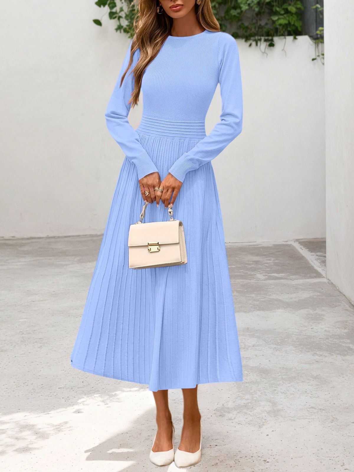 long sleeve dresses_Women's Long Sleeve Midi Sweater Dress  Fall Crewneck Knit A Line Pleated Wedding Guest Winter Dresses