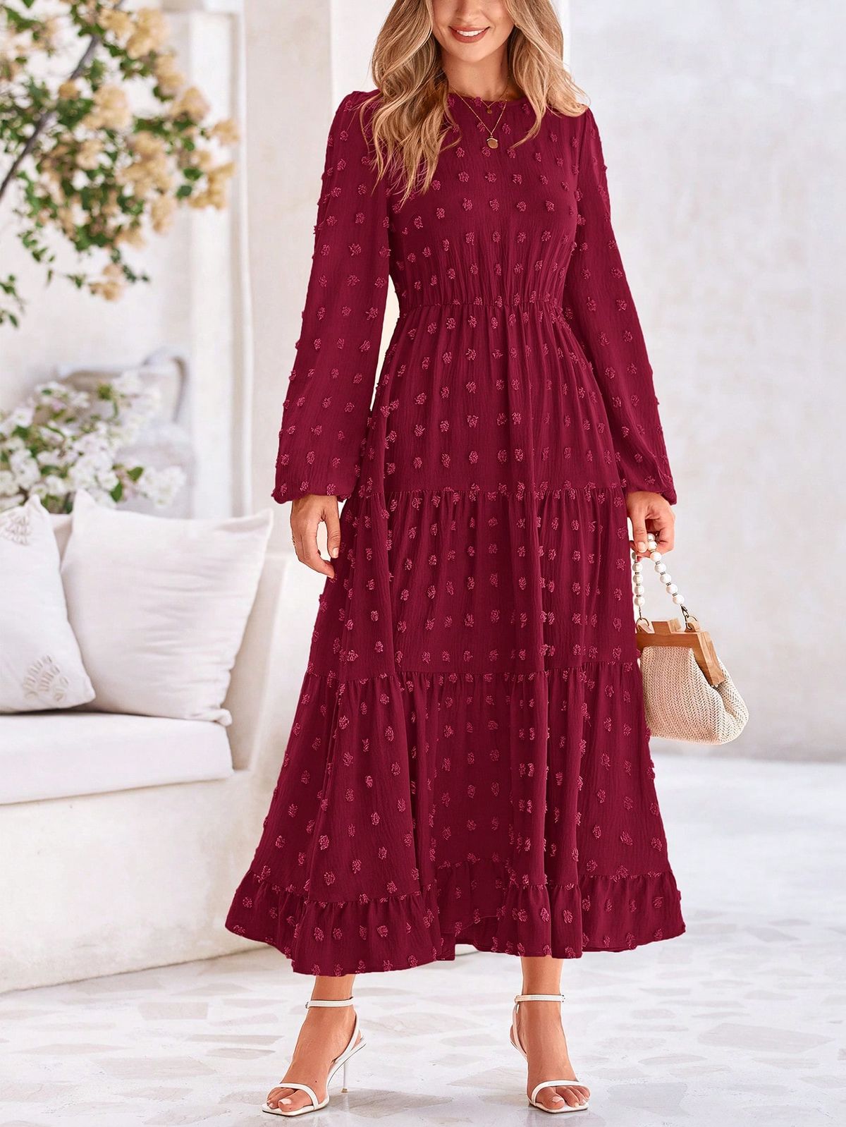 long sleeve dresses_Women's Autumn Spring Elegant Long Sleeve Long Dress Swiss Polka Dot A Elegant Casual Holiday Wedding Party Going Out Dress