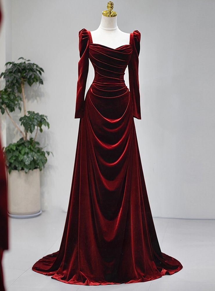 elegant dresses_Burgundy Velvet Long Sleeve Pleats Square Neck Prom Dress