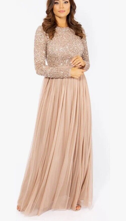 long sleeve dresses_Maya Deluxe Embellished Long Sleeve Maxi Dress Taupe Size Uk 20 Ref Cl22