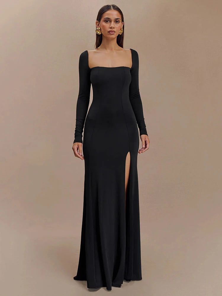 long sleeve dresses_Elegant Long Sleeve Bodycon Party Evening Dress Female Sexy Split Tight Women Vestido Autumn/Winter New2024 Clothing - black / L