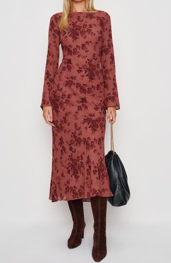 long sleeve dresses_Reformation Esra Floral Print Long Sleeve Dress in Clarette at Nordstrom, Size Small