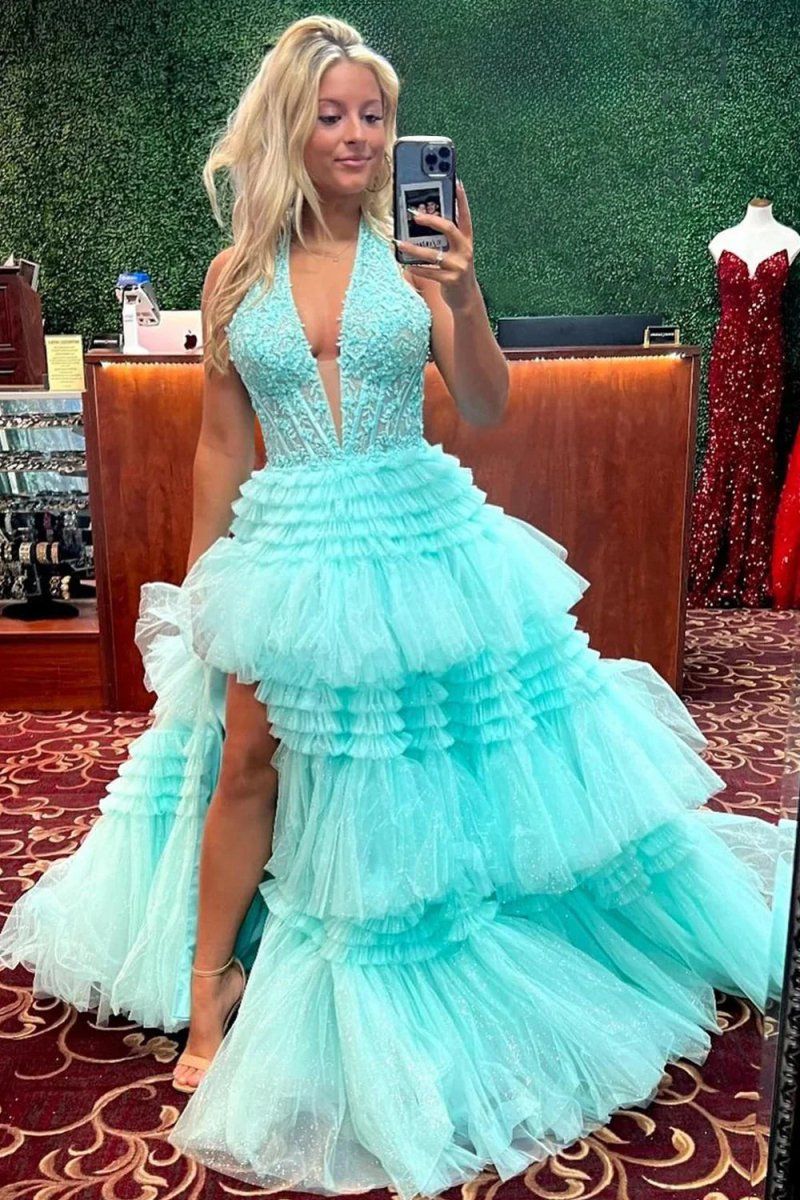 elegant dresses_Morton|Red Tulle Appliques Halter Ruffle Tiered Ball Gown - Aqua Blue / 18 / Tulle