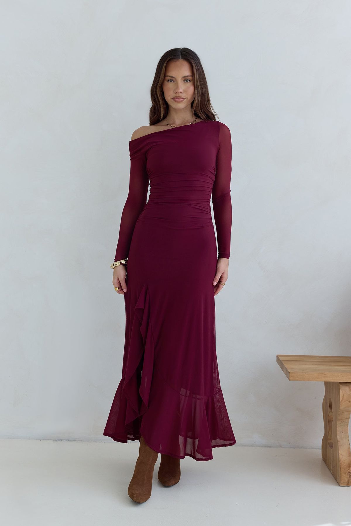 long sleeve dresses_Whispered Secrets Mesh Long Sleeve Maxi Dress Wine