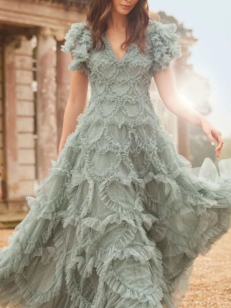 long sleeve dresses_Elegant Solid Spliced Mesh Lace Long Dresses For Women V Neck Short Sleeve High Waist Temperament Dress Female Fashion New - BLUE / M