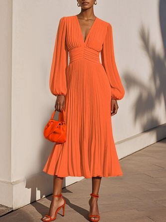 long sleeve dresses_Beige Pleated Chiffon V Neck Long Sleeve Balloon Sleeve A-Line Midi Daytime Dress