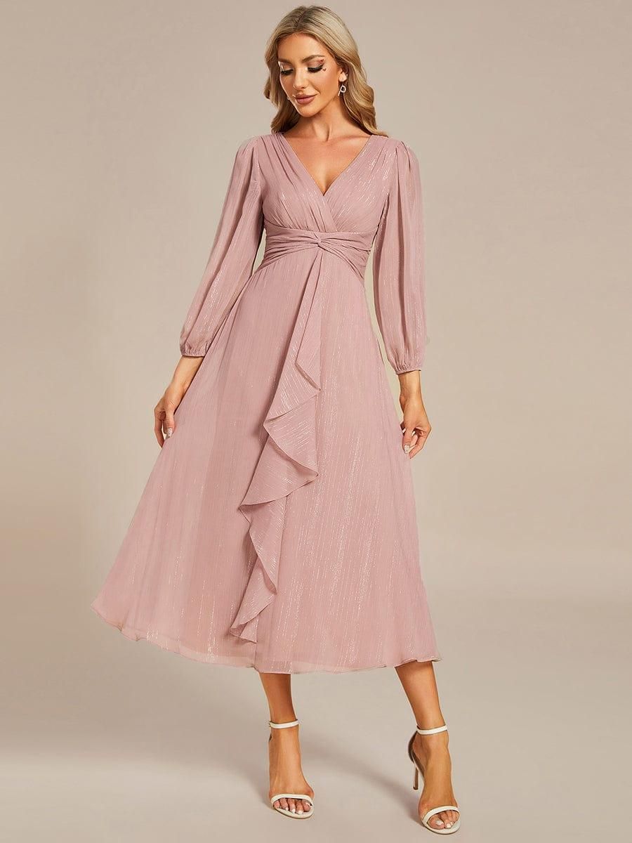 long sleeve dresses_ever EMBER|See-Through Long Sleeve Twist Knot A-Line Lotus Leaf Shimmering Evening Dress - Dusty Rose / 22