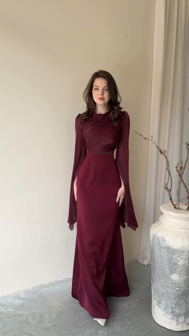 long sleeve dresses_satin a-line round long sleeves prom dress