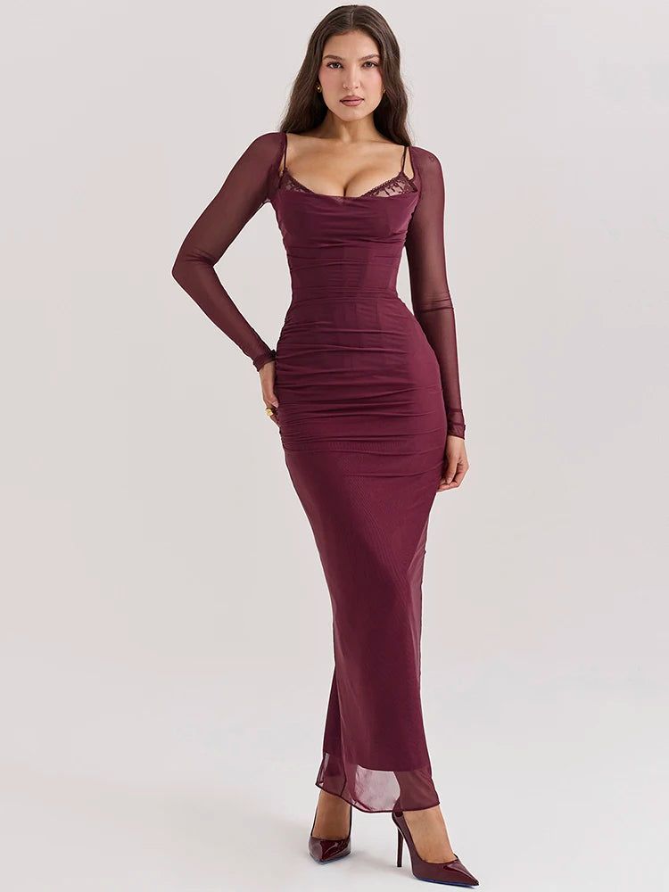 long sleeve dresses_Zingj Burgundy Sheer Long Sleeve Bodycon Maxi Dress- Outfit Ideas Wine Red-L