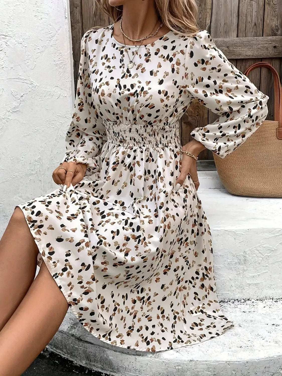 long sleeve dresses_Printed Round Neck Long Sleeve Dress - Ivory / S