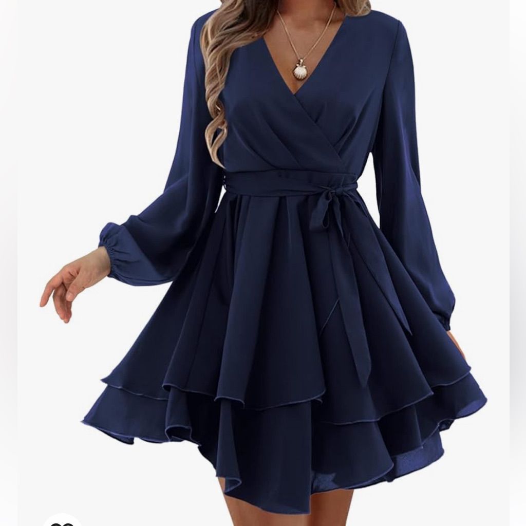 long sleeve dresses_Amoretu Dresses | Amoretu Long Sleeve Casual V Neck Ruffle Mini Dress | Color: Blue | Size: L