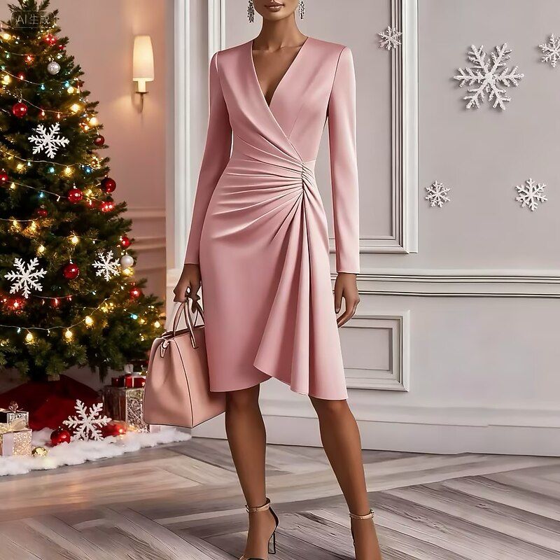 long sleeve dresses_Women's Midi Dress Satin Dress Party Dress Sheath Dress Wrap Dress Elegant Modern Evening Party Party Special Occasion Regular Fit Plain Long Sleeve V Neck White Pink Wine Khaki Spring Fall