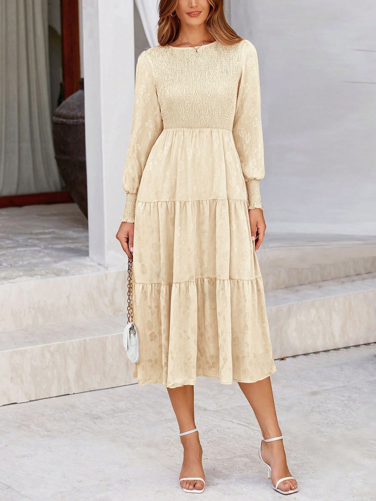 long sleeve dresses_Christmas Women's Fall Midi Dress Long Sleeve Floral Smocked Elegant Wedding Guest Long Flowy Dresses