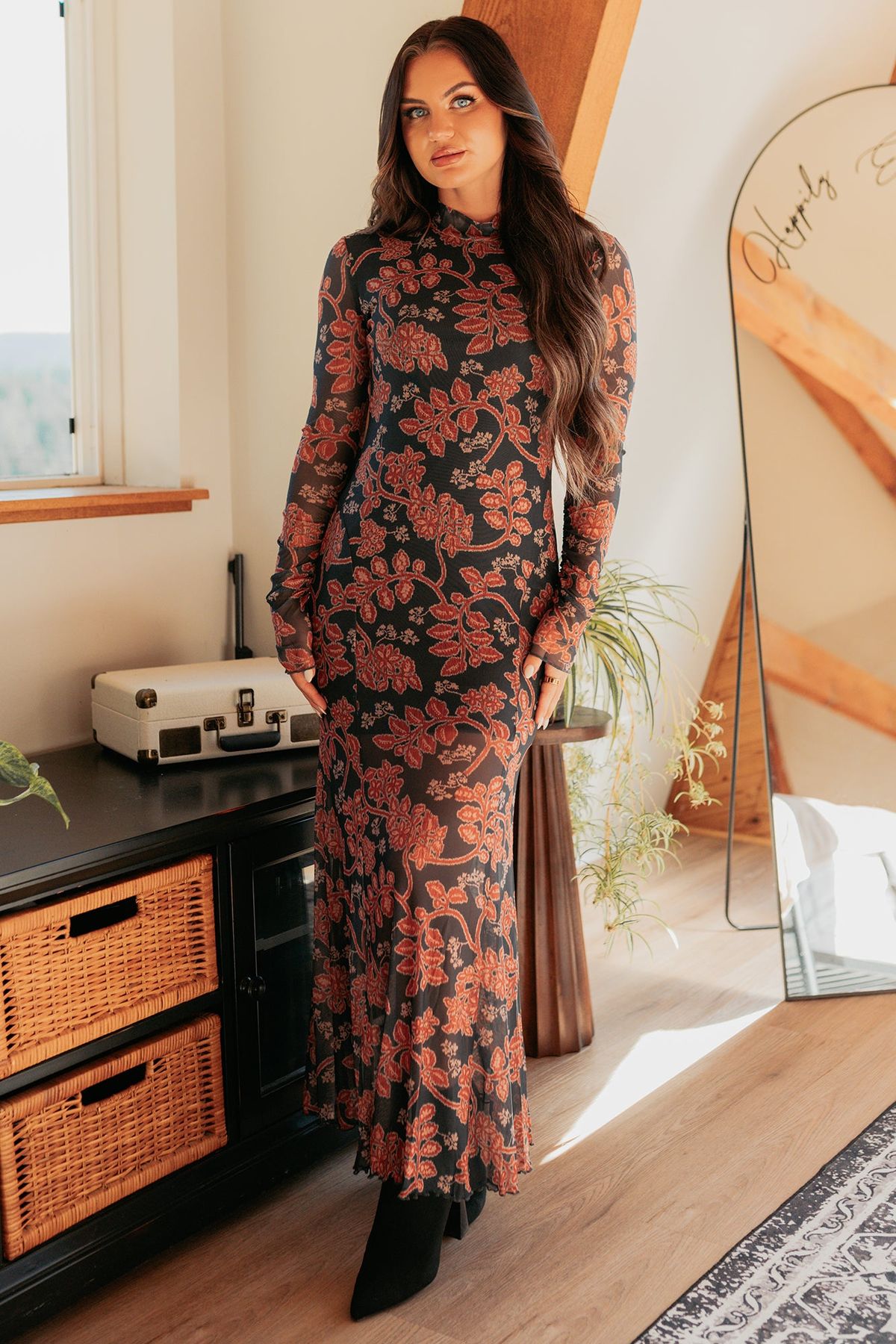 long sleeve dresses_Blush Babe Long Sleeve Floral Mesh Maxi Dress (Charcoal) - MEDIUM