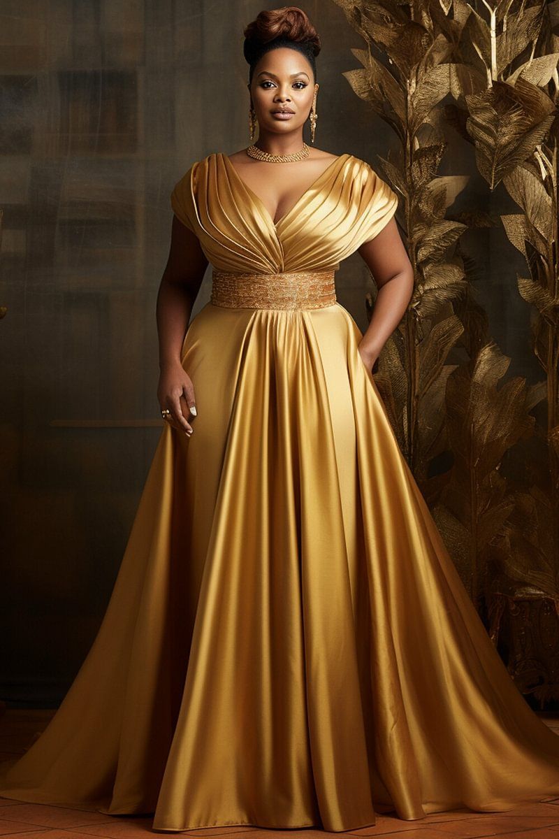 elegant dresses_Xpluswear Design Plus Size Mother Of The Bride Champagne Short Sleeve Peplum 3D Satin Midi Dresses