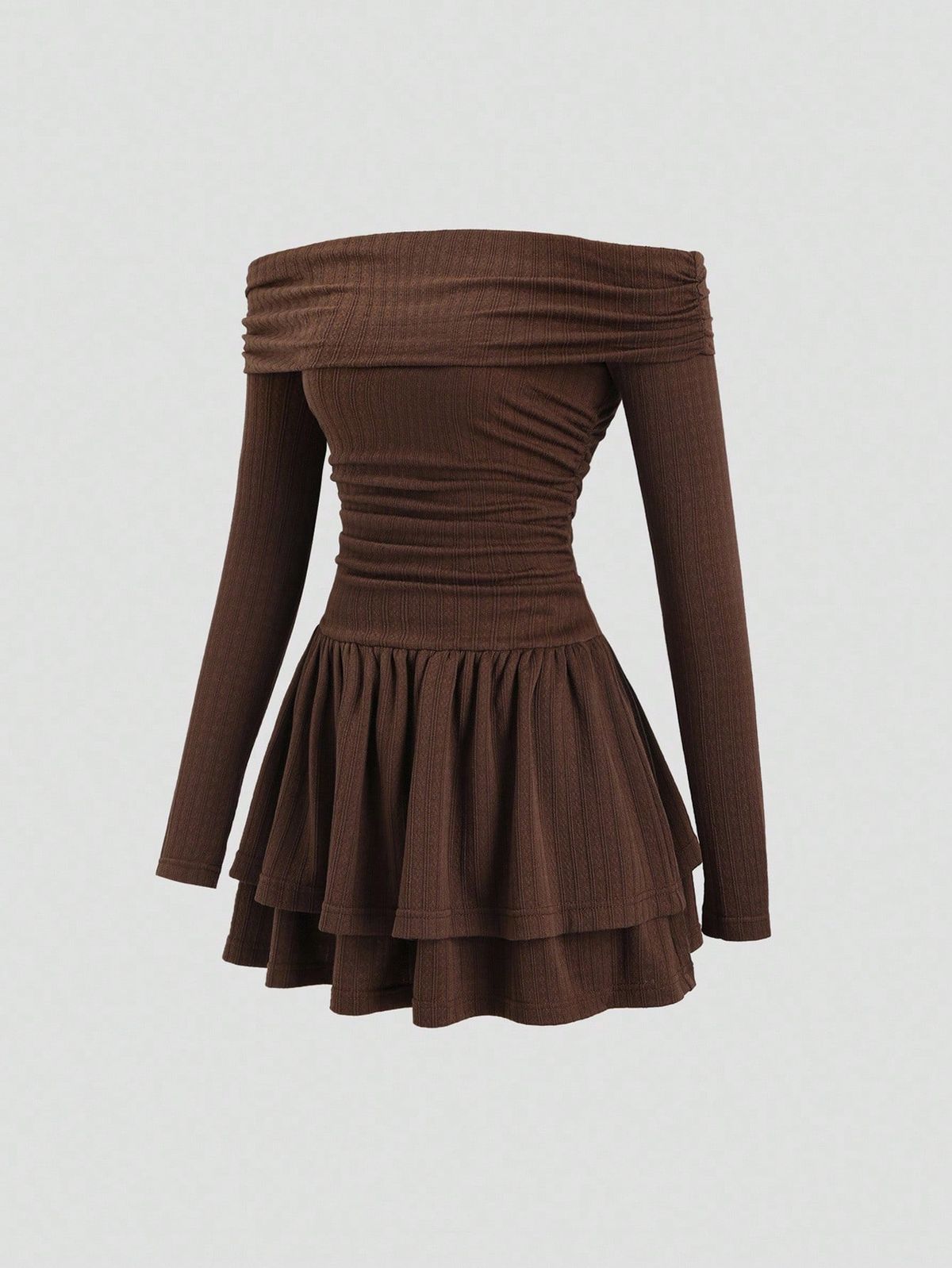 long sleeve dresses_Women's New Off Shoulder Long Sleeve Dress With Waist Ruching And Tiered Ruffle Hem, Suitable For Commuting, Travel, And Vacation, Spring/Autumn