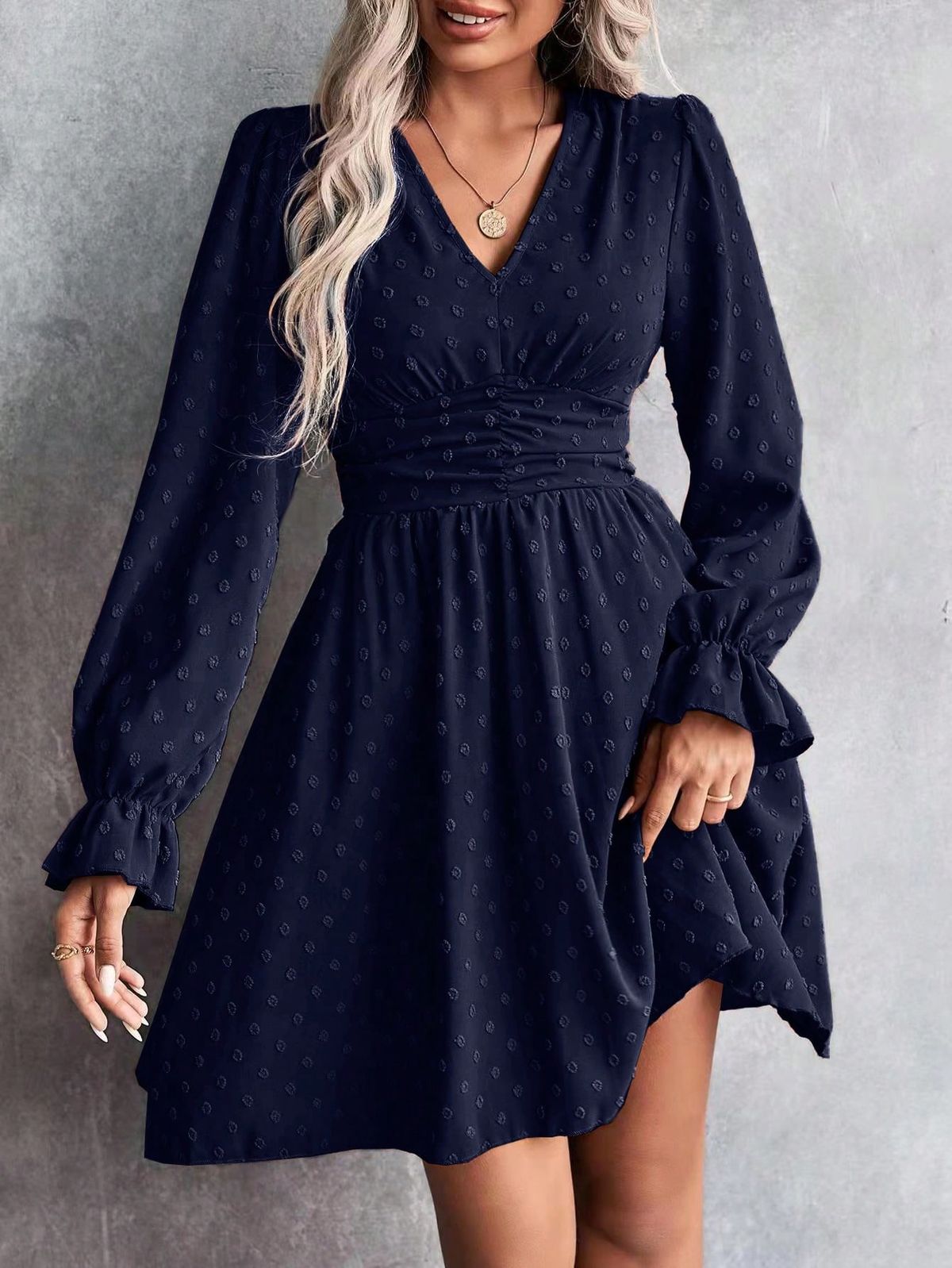 long sleeve dresses_Women Autumn V-Neck Long Sleeve Elegant Jacquard Short Dress Fall Cloth For Women