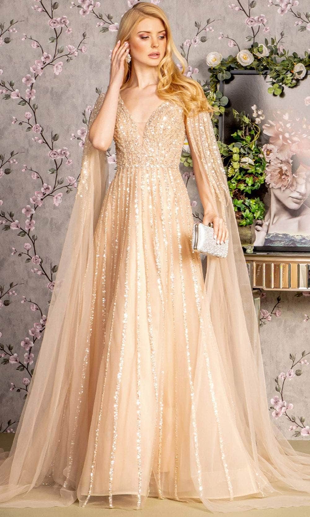 long sleeve dresses_GLS by Gloria GL3494 - Plunging V-Neck A-Line Evening Dress - M / Champagne