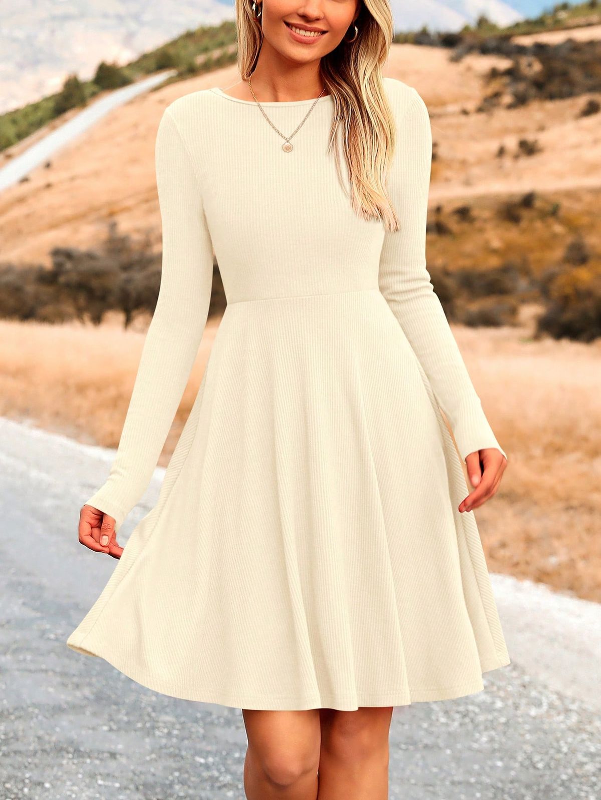 long sleeve dresses_Christmas Women's Fall Short Dress Ribbed Knit Crewneck Long Sleeve A Line Flowy Casual Elegant Cute Going Out Dresses