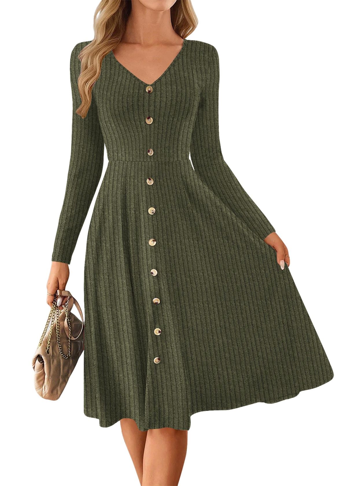 long sleeve dresses_Lazysmile Long Sleeve Fall Winter Dresses for Women V Neck Button Down A Line Swing Casual Knit Sweater Dress