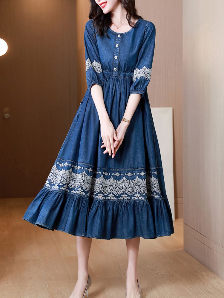 long sleeve dresses_TIYIHAILEY-Long Mid-Calf Denim Dress for Women, Half Sleeve Embroidery Dress, Chinese Style,