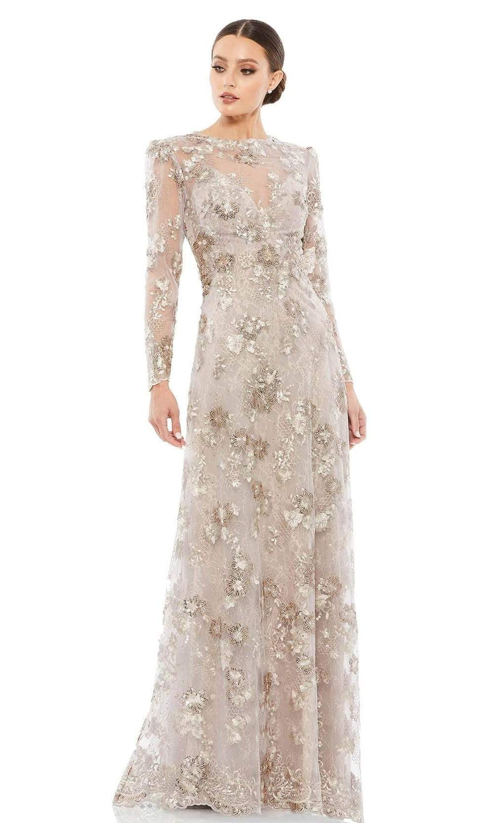 long sleeve dresses_Mac Duggal Evening - 67875D Illusion Jewel A-Line Evening Dress - 6 / Mocha