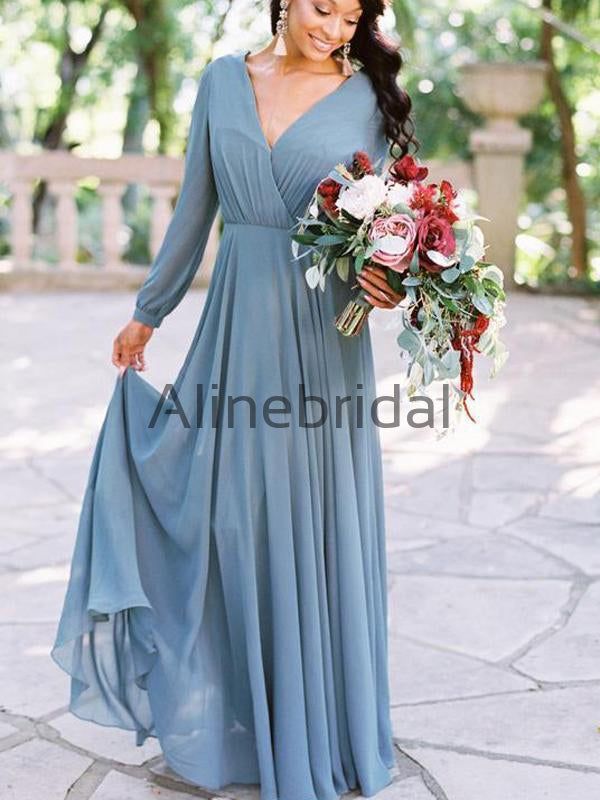 long sleeve dresses_Dusty Blue Chiffon Long Sleeve A-line Bridesmaid Dresses , AB4057 - US20 / Custom Color(leaving a note)