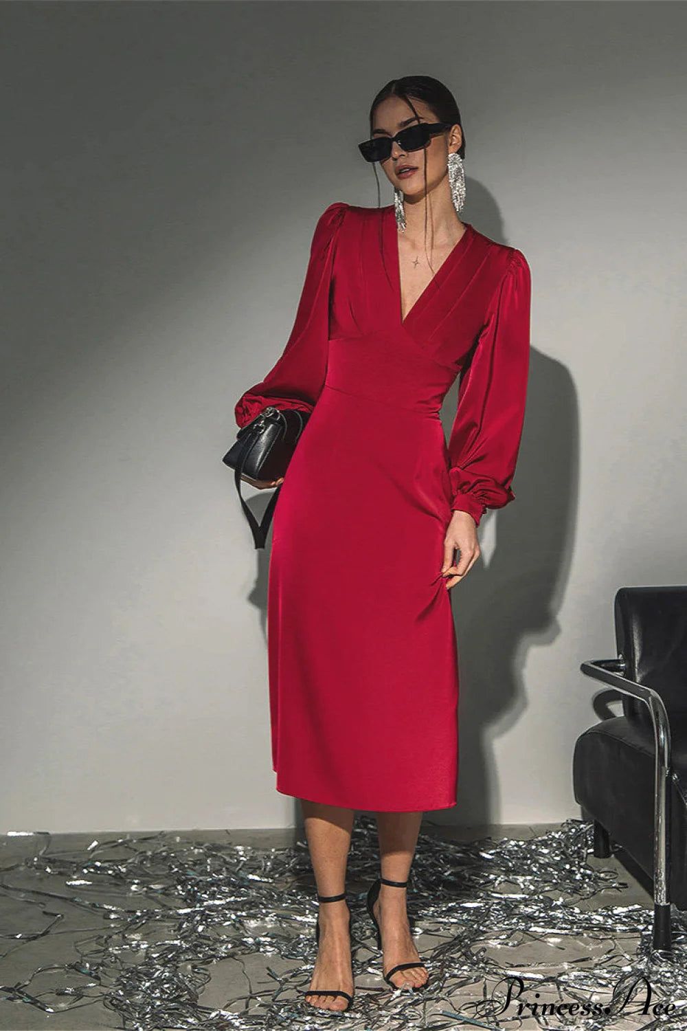 long sleeve dresses_Satin Red Chic Formal Maxi Dress - Red L