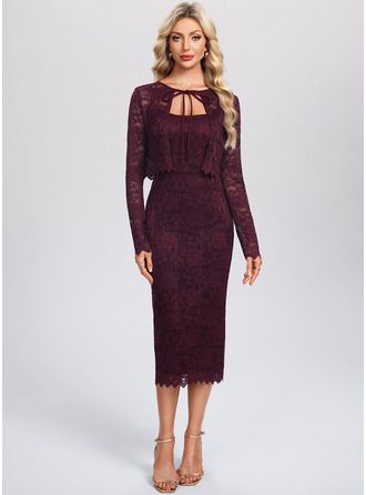 long sleeve dresses_JJ's House Sheath/Column Separates Square Tea-Length Lace Cocktail Dress