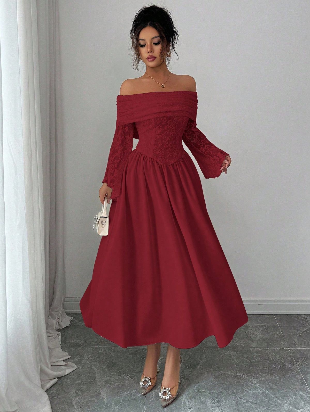 long sleeve dresses_Women's Autumn Knitted Lace Patchwork Solid Color Off-Shoulder Long Sleeve A-Line Dress