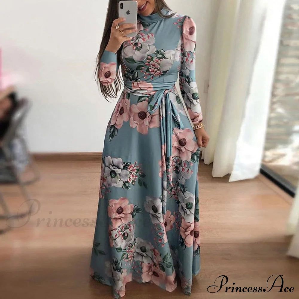 long sleeve dresses_Robe Dresses Autumn Casual Full-Length Long Plus Size Flower Sashes Slim Arm Design Party Gown Spring S-5XL - Long sky blue XL
