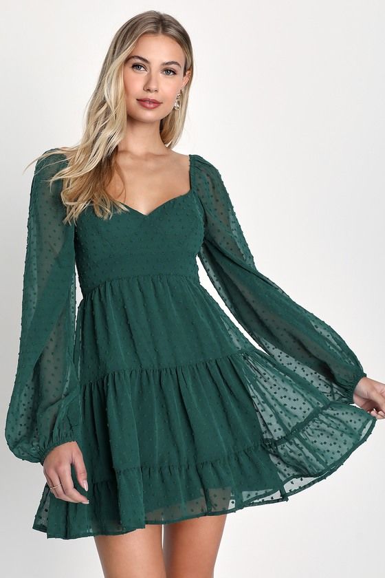long sleeve dresses_Longing And Love Emerald Swiss Dot Puff Long Sleeve Mini Dress