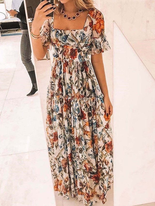 long sleeve dresses_Women's Maxi Dress Corset Dress A Line Dress Milkmaid Dress Puff Sleeve Dress Vacation Vacation Daily Regular Fit Floral Short Sleeve Square Neck Yellow Apricot Summer 2025 - $34.99