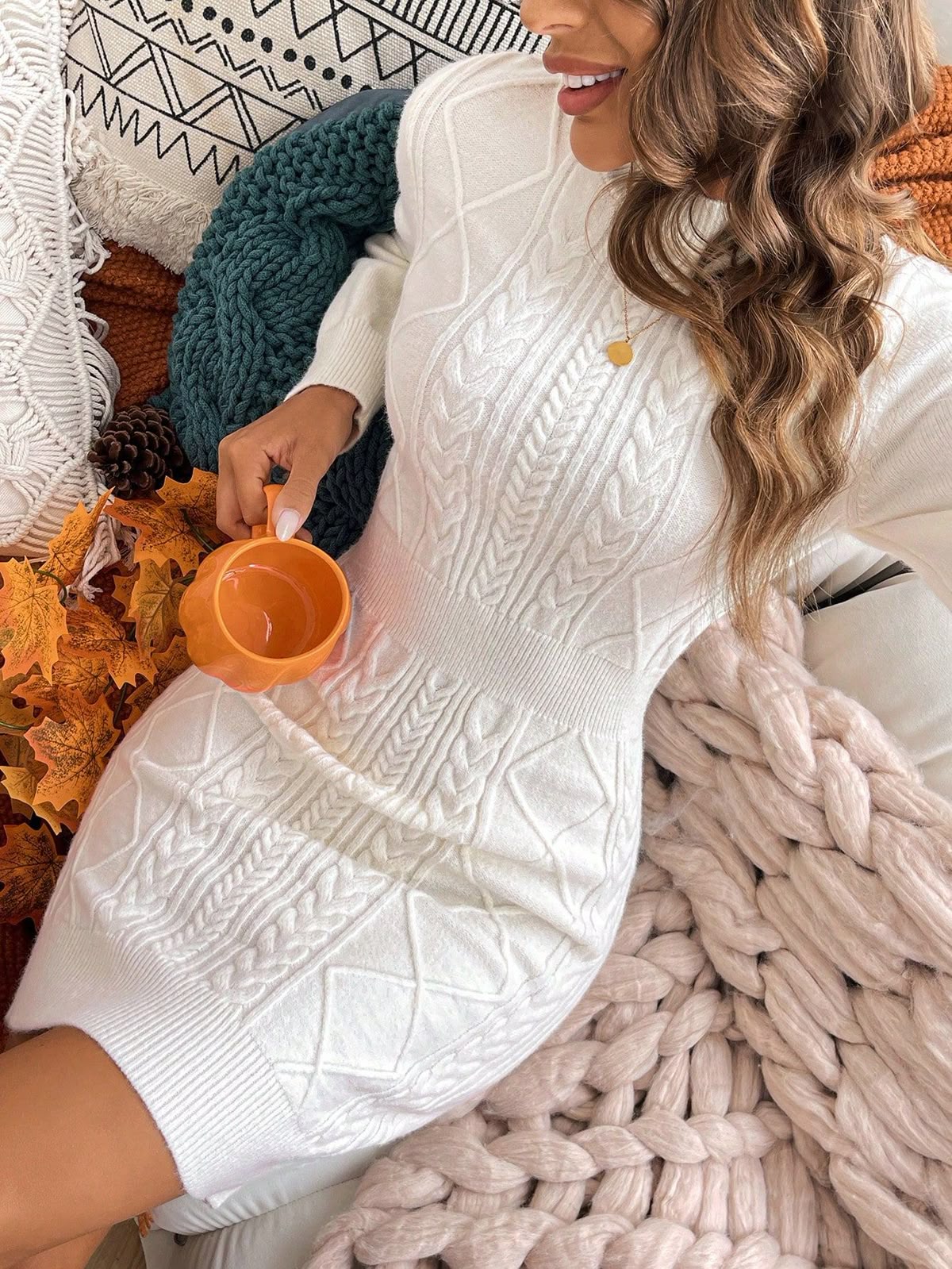 long sleeve dresses_Solid Color Jacquard Knitted Slim Fit Bodycon Sweater Dress, New Warm Lining Dress For Autumn Winter Women Fall Sweaters