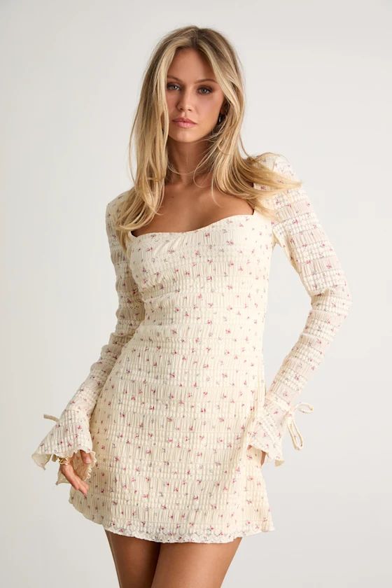 long sleeve dresses_Ornella Cream Floral Textured Long Sleeve Mini Dress