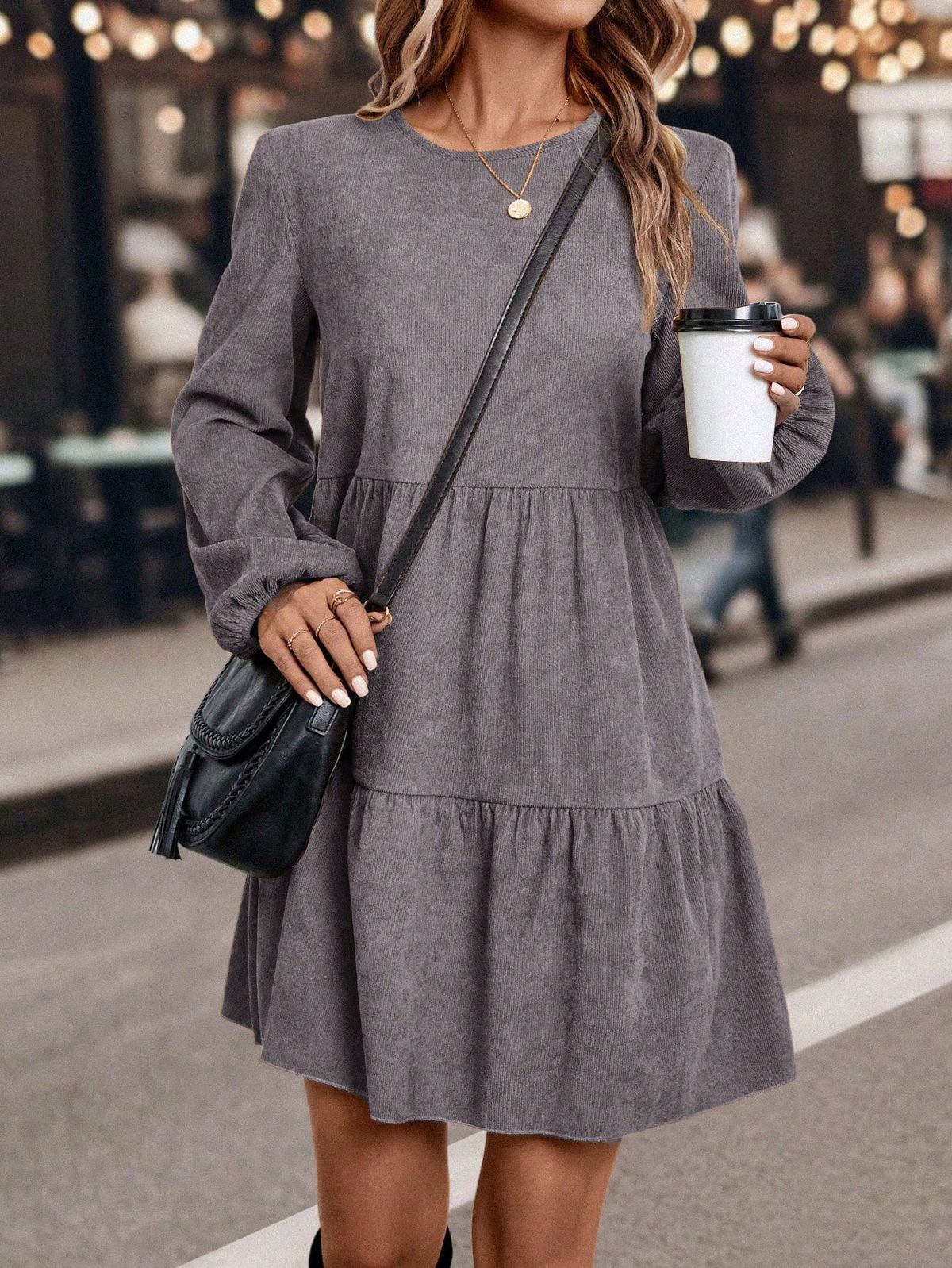 long sleeve dresses_Spring&Autumn Casual Solid Color Lantern Sleeve Dress Fall Cloth For Women