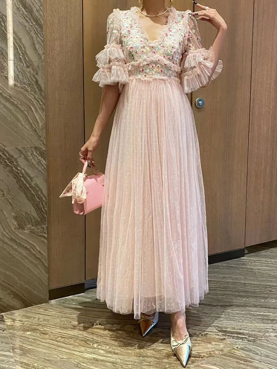 long sleeve dresses_Hit Color Spliced Embroidery Elegant Long Dresses for Women V Neck Half Sleeves Patchwork Folds Dress Female New - APRICOT / XL