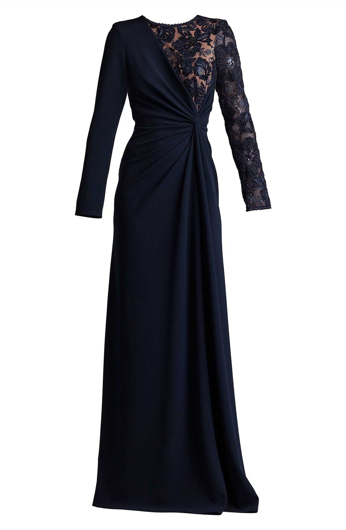 long sleeve dresses_Tadashi Shoji Lace & Sequin Long Sleeve Gown in Navy/Nude at Nordstrom, Size 4